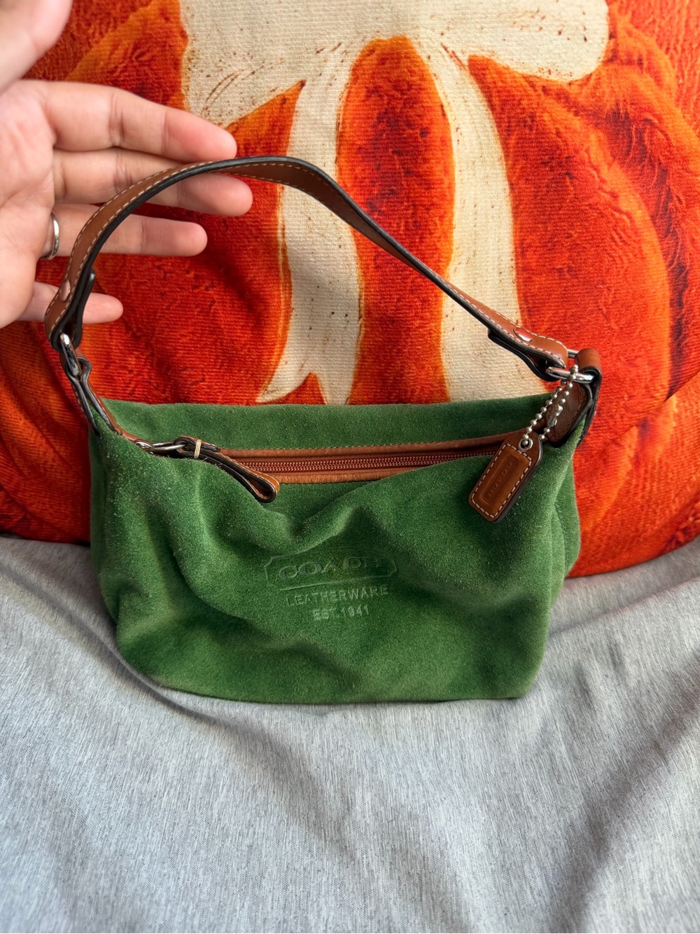 Coach Green Suede Shoulder Bag with Brown Leather Trim